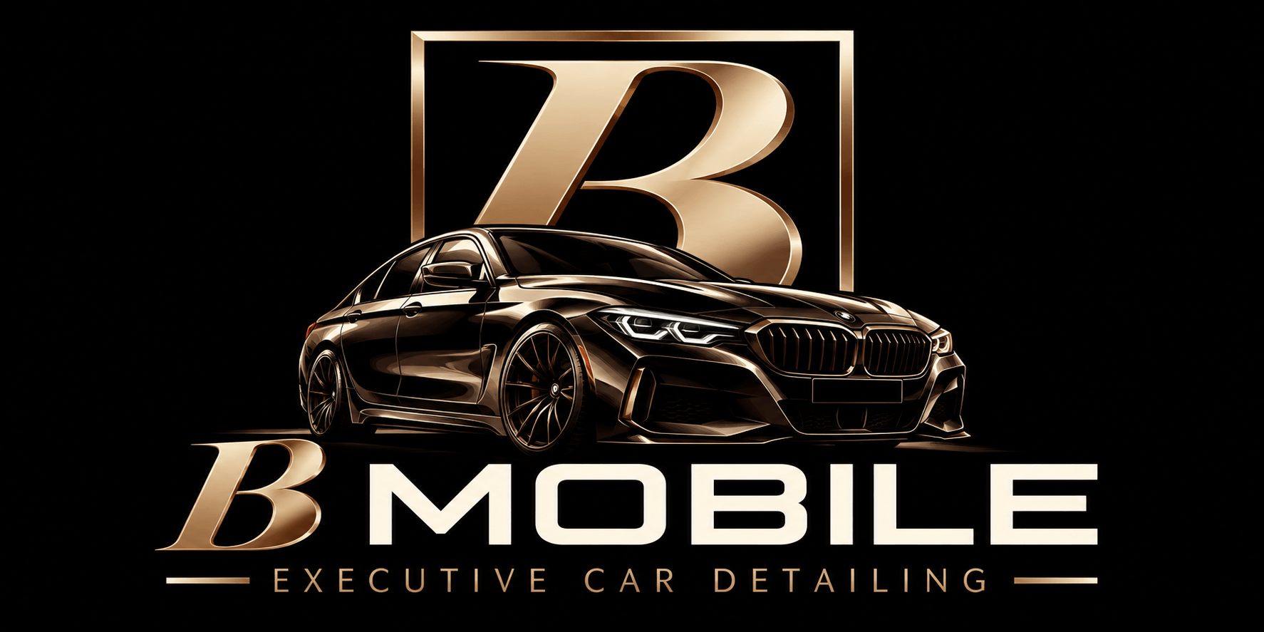 B3 Mobile Executive Car Detailing logo with luxury BMW sedan and gold branding