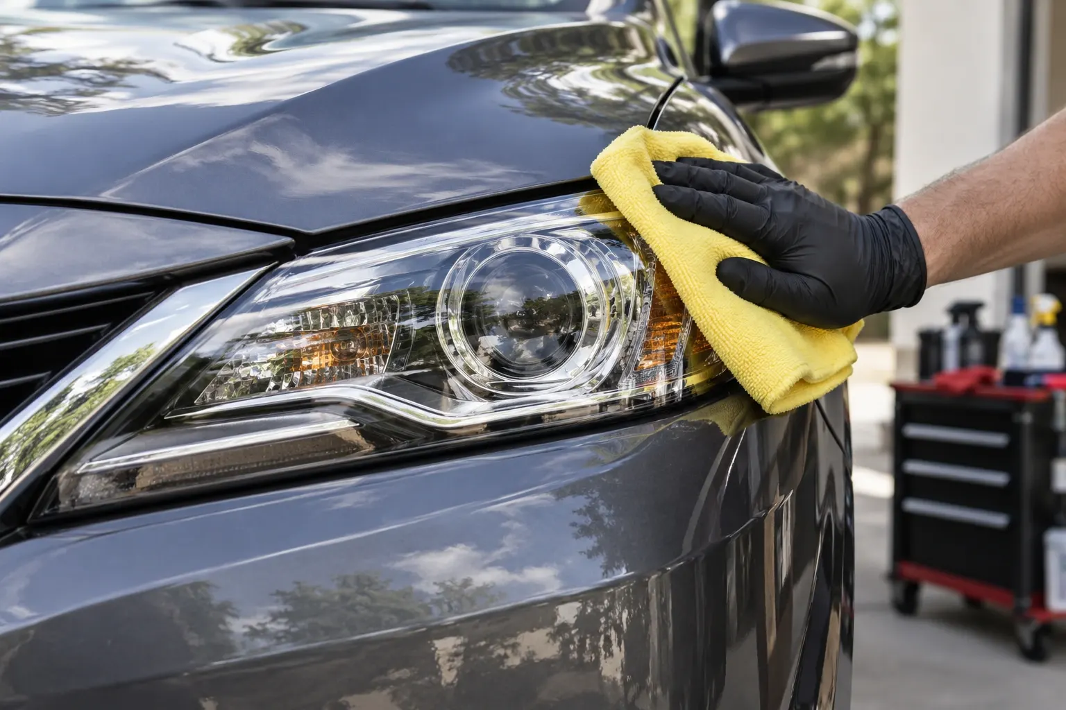 Person cleaning car headlight with yellow microfiber cloth and black gloves