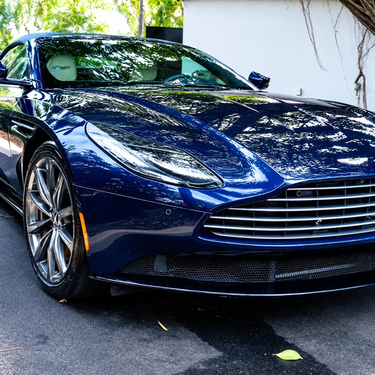 Blue luxury sports car parked under trees with reflective sunlight on hood