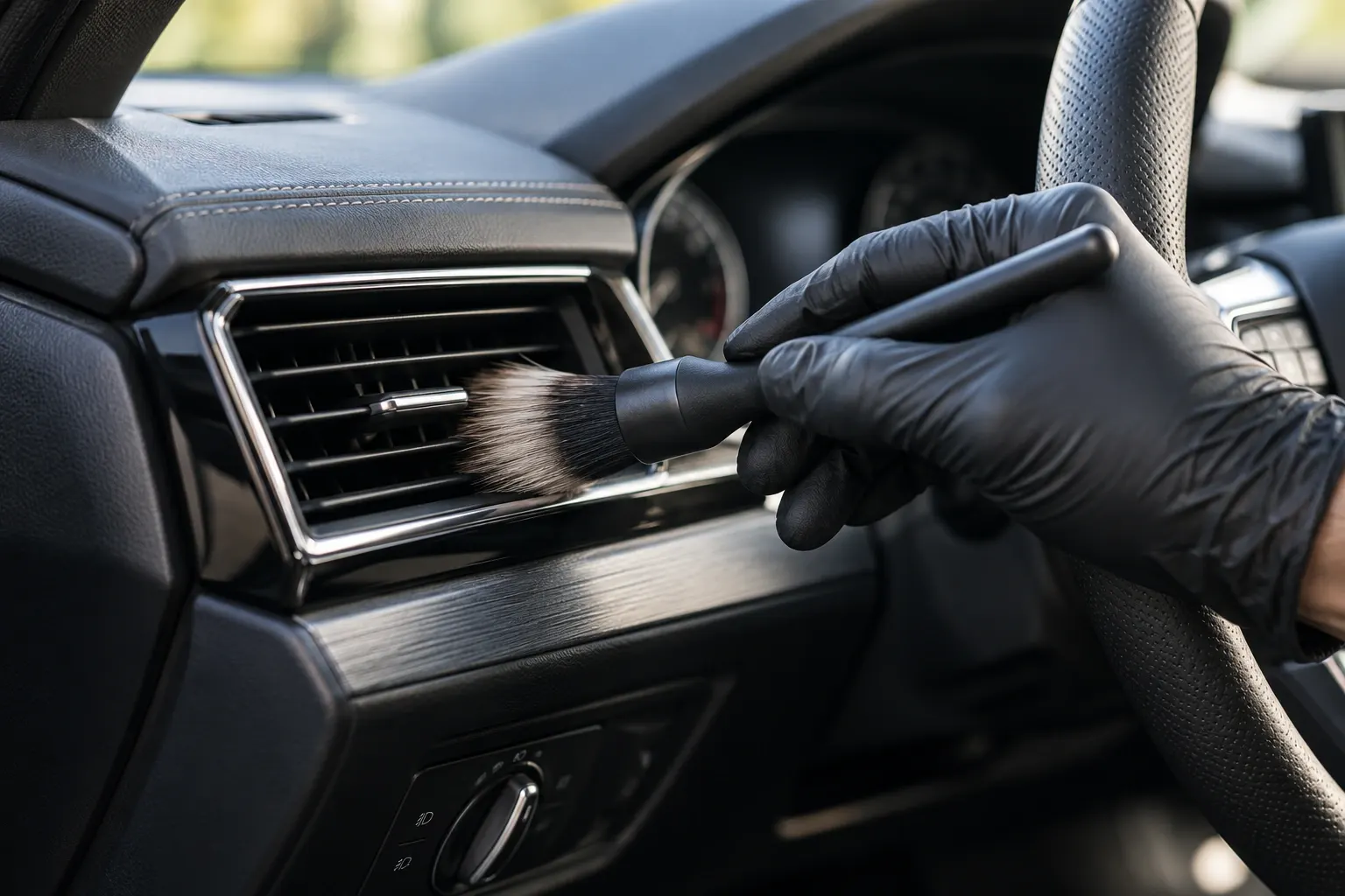 Person in black gloves cleaning car air vent with soft brush