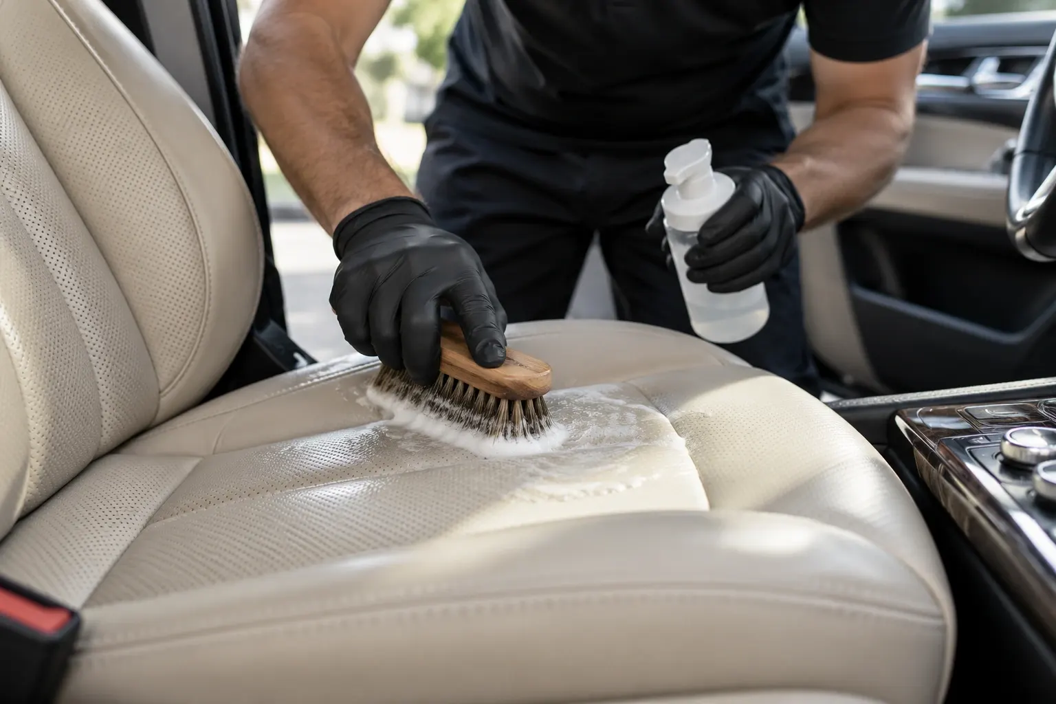 Professional cleaning service applying cleaning solution to car seat with brush