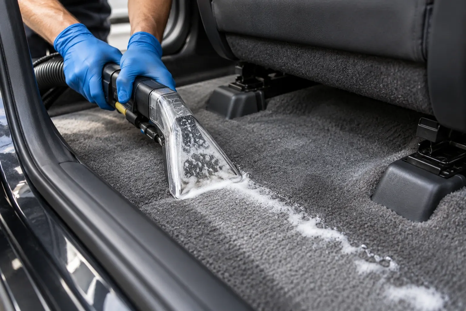 Professional cleaning car interior floor mats with blue gloves and extraction equipment