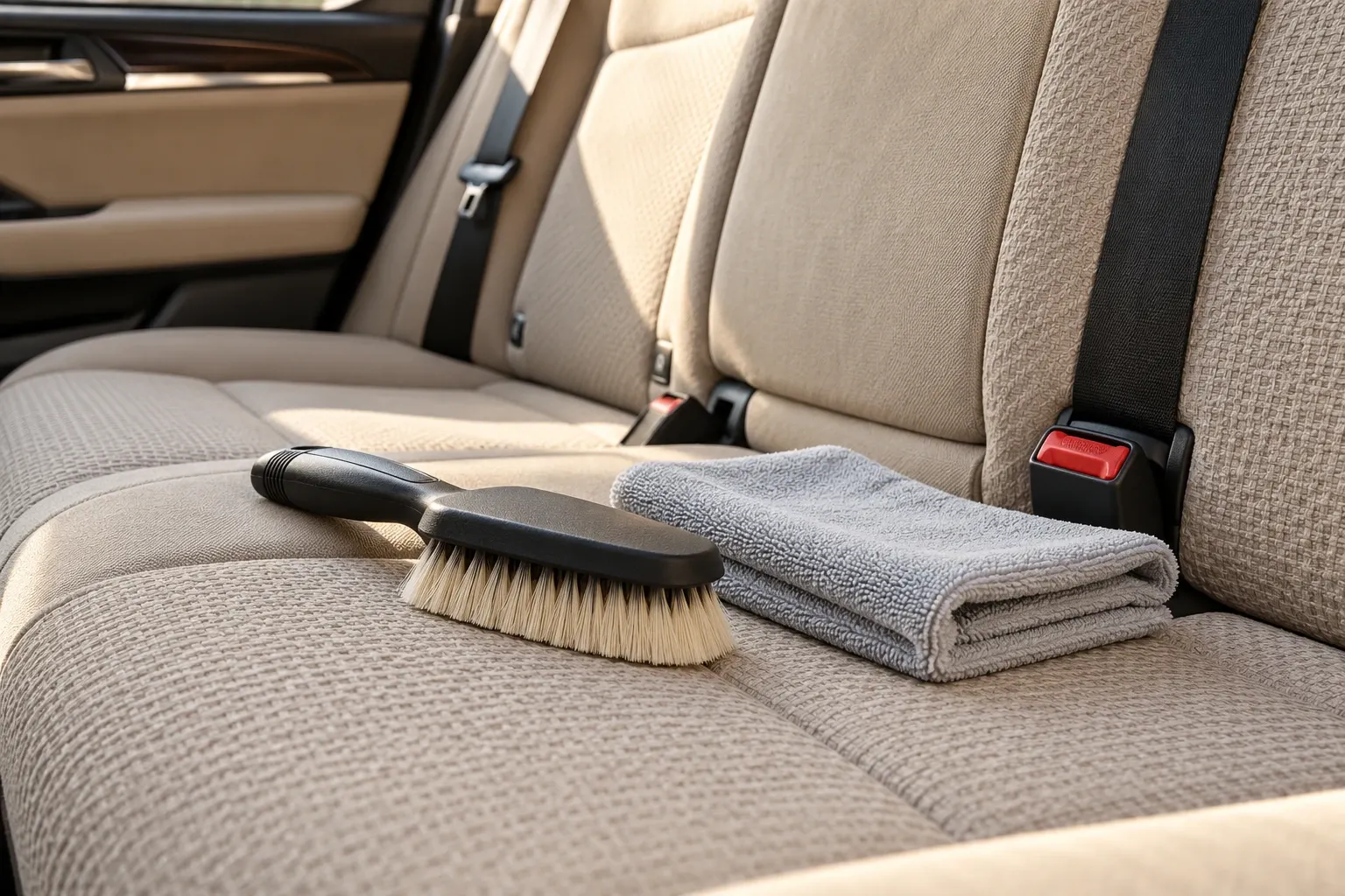 Car interior cleaning supplies on beige upholstered seats with brush and microfiber cloth